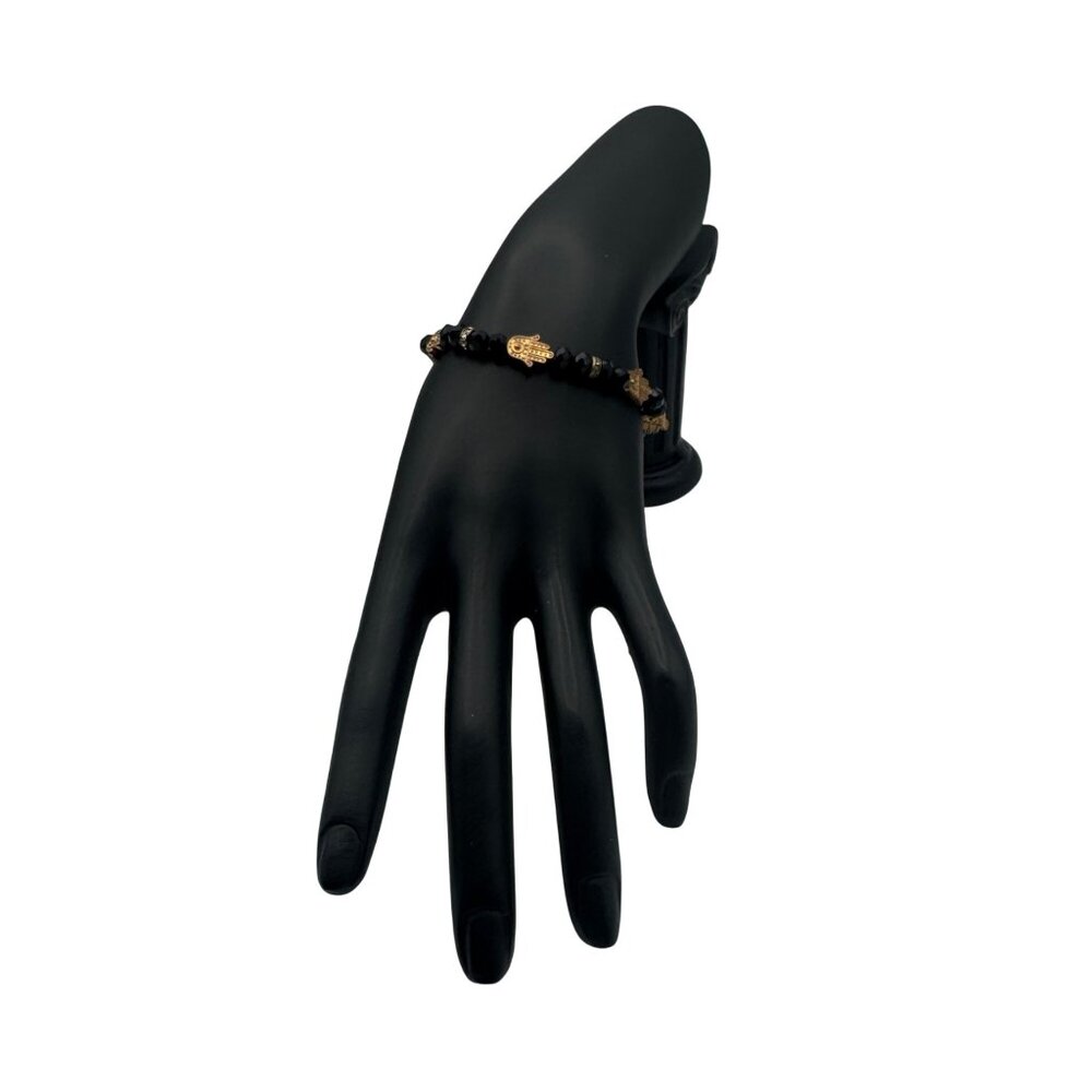 Copper Hamsa Hand & Black Beaded Stretch Bracelet